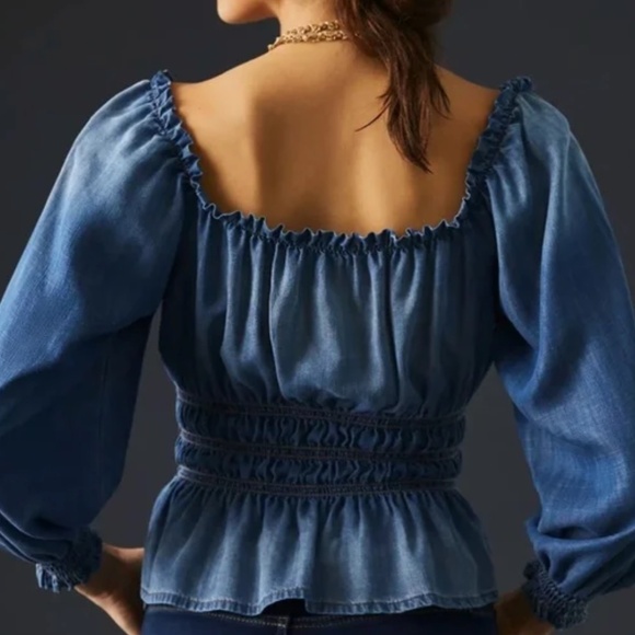 Bella Dahl Womens Smocked Off The Shoulder Denim Top Small - Picture 2 of 13